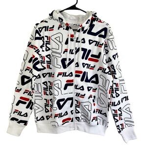 FILA NWT $65 All Over Print Logo White Hoodie Cypress Zip Jacket Large Y2K New